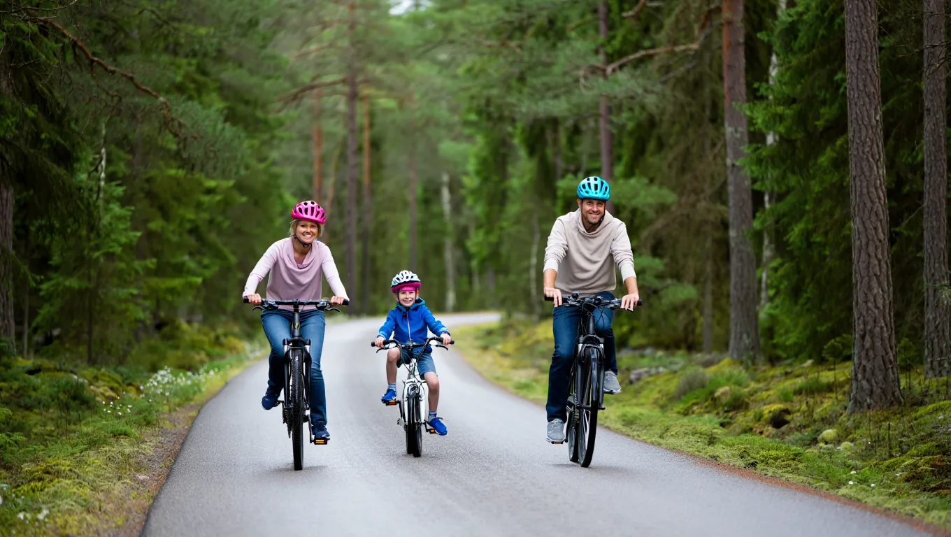 En familj cyklar längs en skogsväg i Sverige