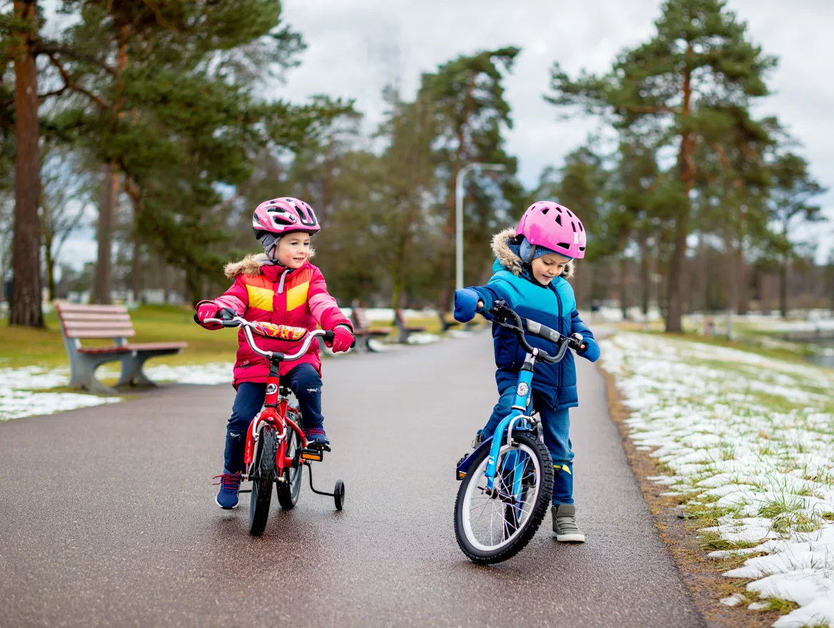 Barn lär sig cykla i en svensk park