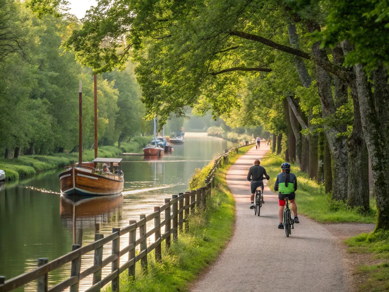 Göta Kanal cykelled med båtar i bakgrunden